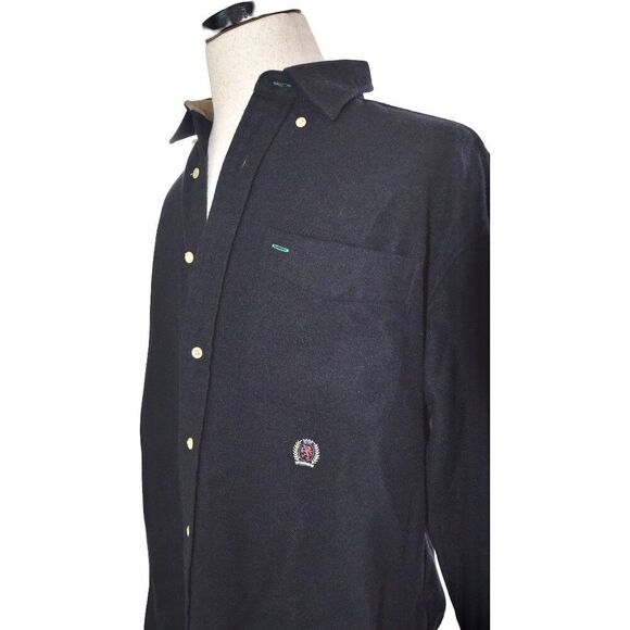 Vintage 90s Tommy Hilfiger Black Wool Blend Crest Emboidered Logo Shacket Shirt - Picture 2 of 6